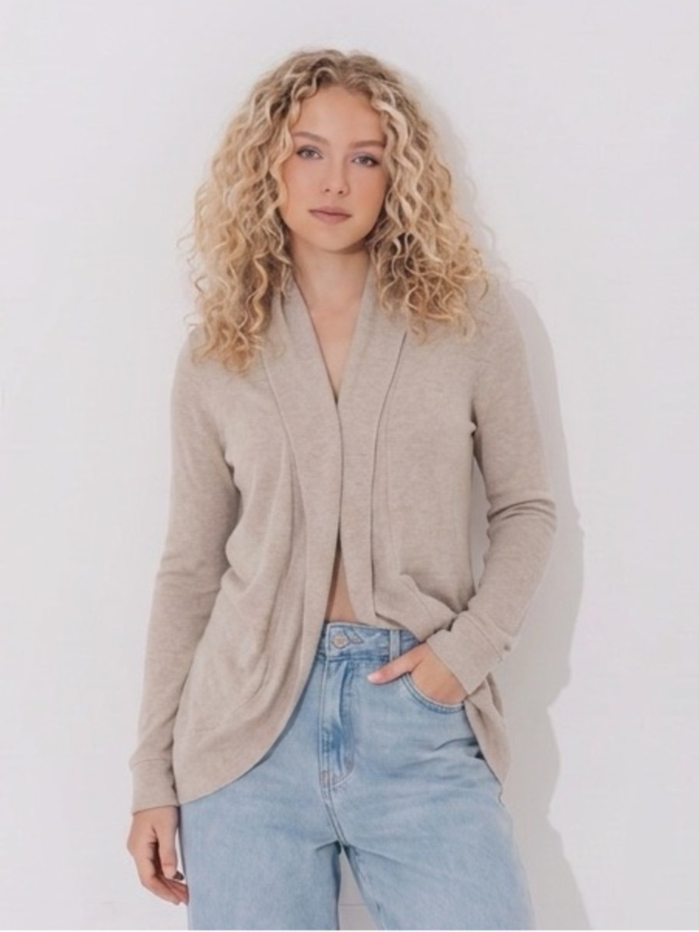 Light Taupe Open-Front Women's Cardigan Sweater
